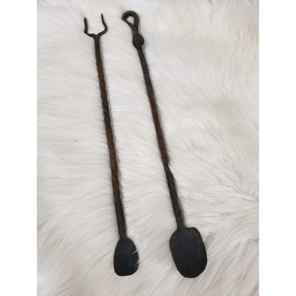 Antique Wrought Iron Twisted‎ Stem with Leaf Handle Serving Spoon Fork Primitive